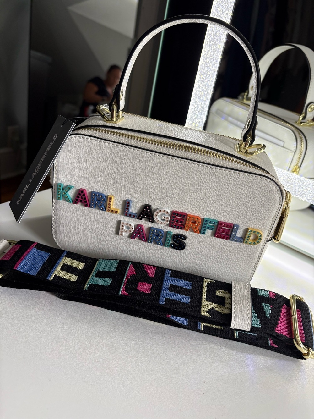 Karl Lagerfeld White Camera Bag with Multicolor Logo and Patterned Strap - Picture 4 of 9